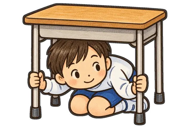 机の下で身を守る児童の枠付き版
