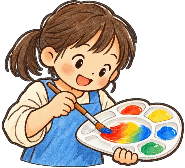 絵の具を混ぜる児童の枠付き版