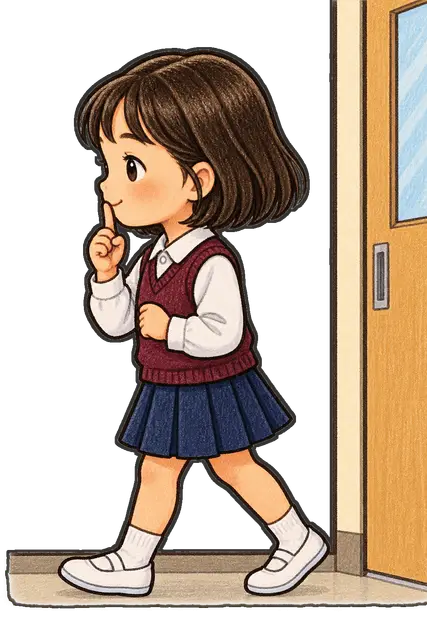 廊下を静かに歩く児童の枠付き版