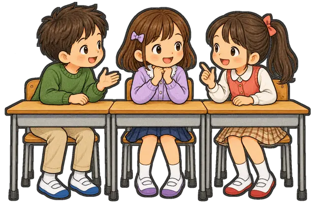 机を寄せて話す児童たちの枠付き版