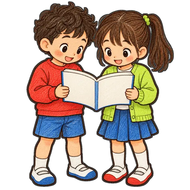 二人で教科書を見る児童の枠付き版