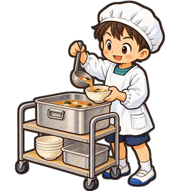 給食を配膳する児童の枠付き版