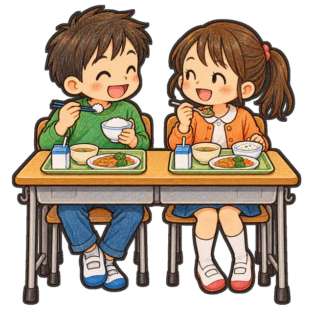 給食を食べる児童二人の枠付き版