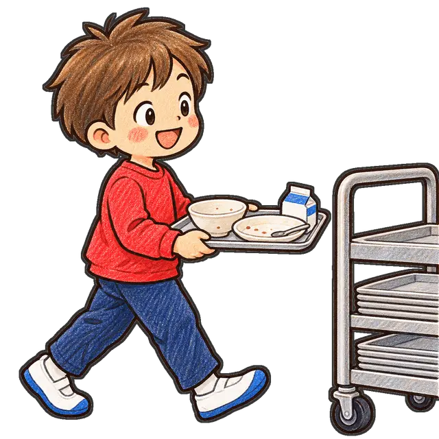 給食のトレーを返却する児童の枠付き版