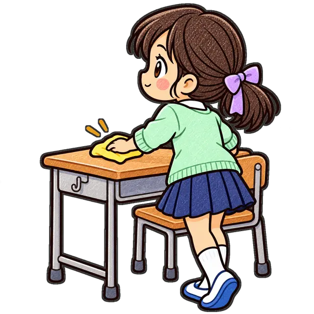 机を拭く児童の枠付き版