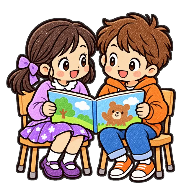 絵本を一緒に読む児童二人の枠付き版