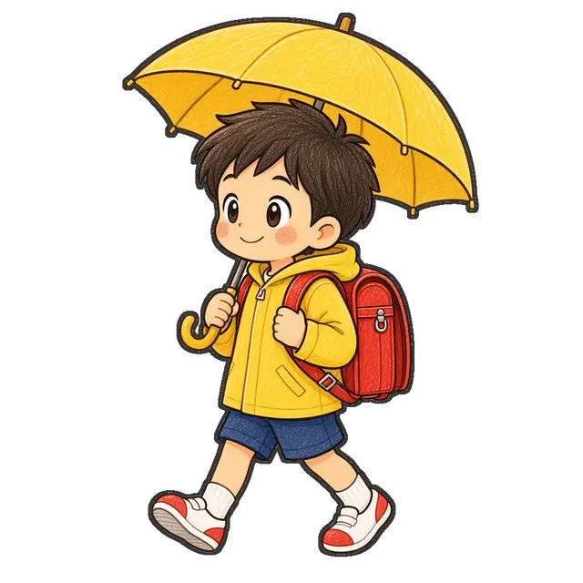 雨の日に傘で登校する男の子の枠付き版