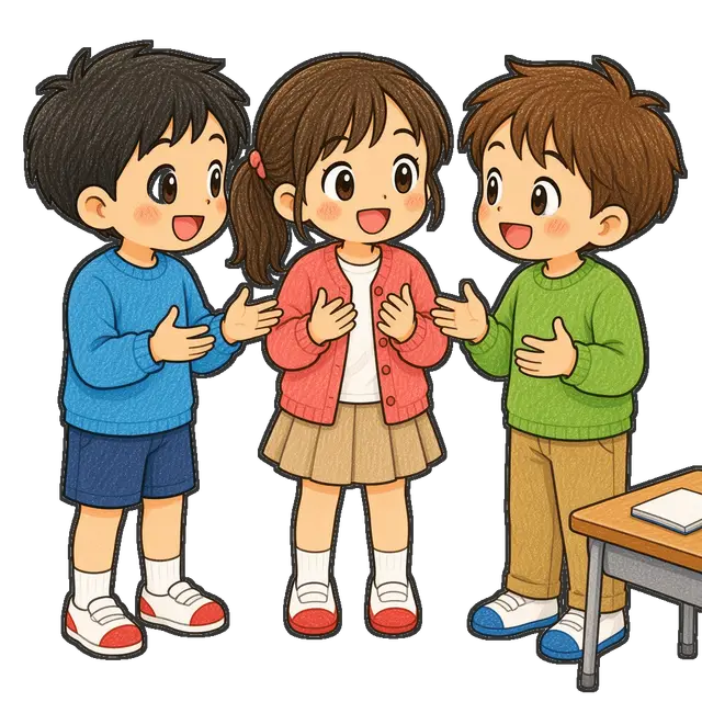 休み時間に話す児童たちの枠付き版