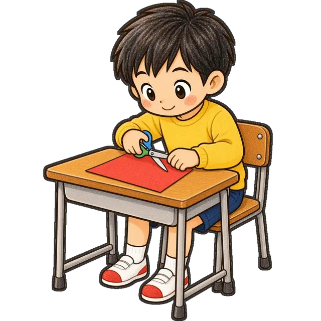 はさみで工作する男の子の枠付き版