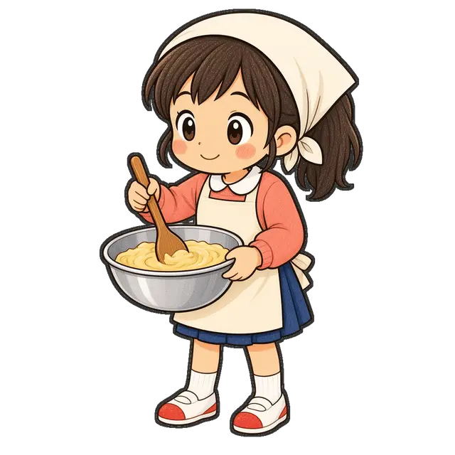 調理実習で混ぜる女の子の枠付き版