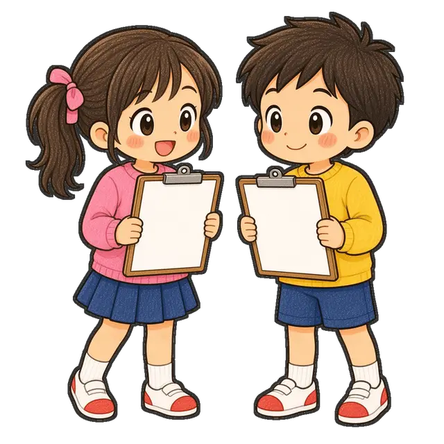 学校探検をする児童二人の枠付き版