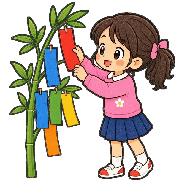 七夕の短冊を飾る女の子の枠付き版