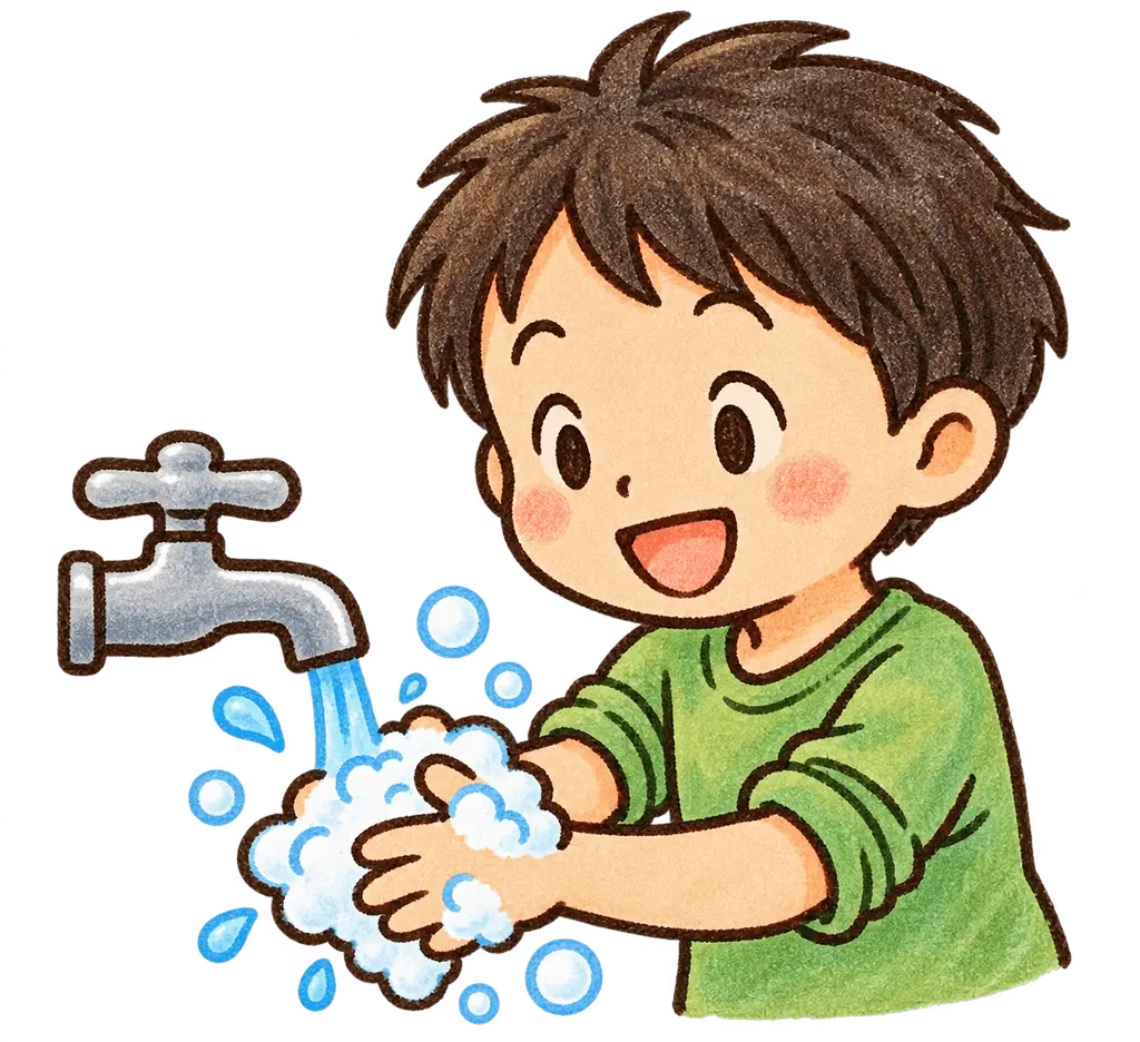 水彩の手洗いをする児童。学校だより向けフリー素材
