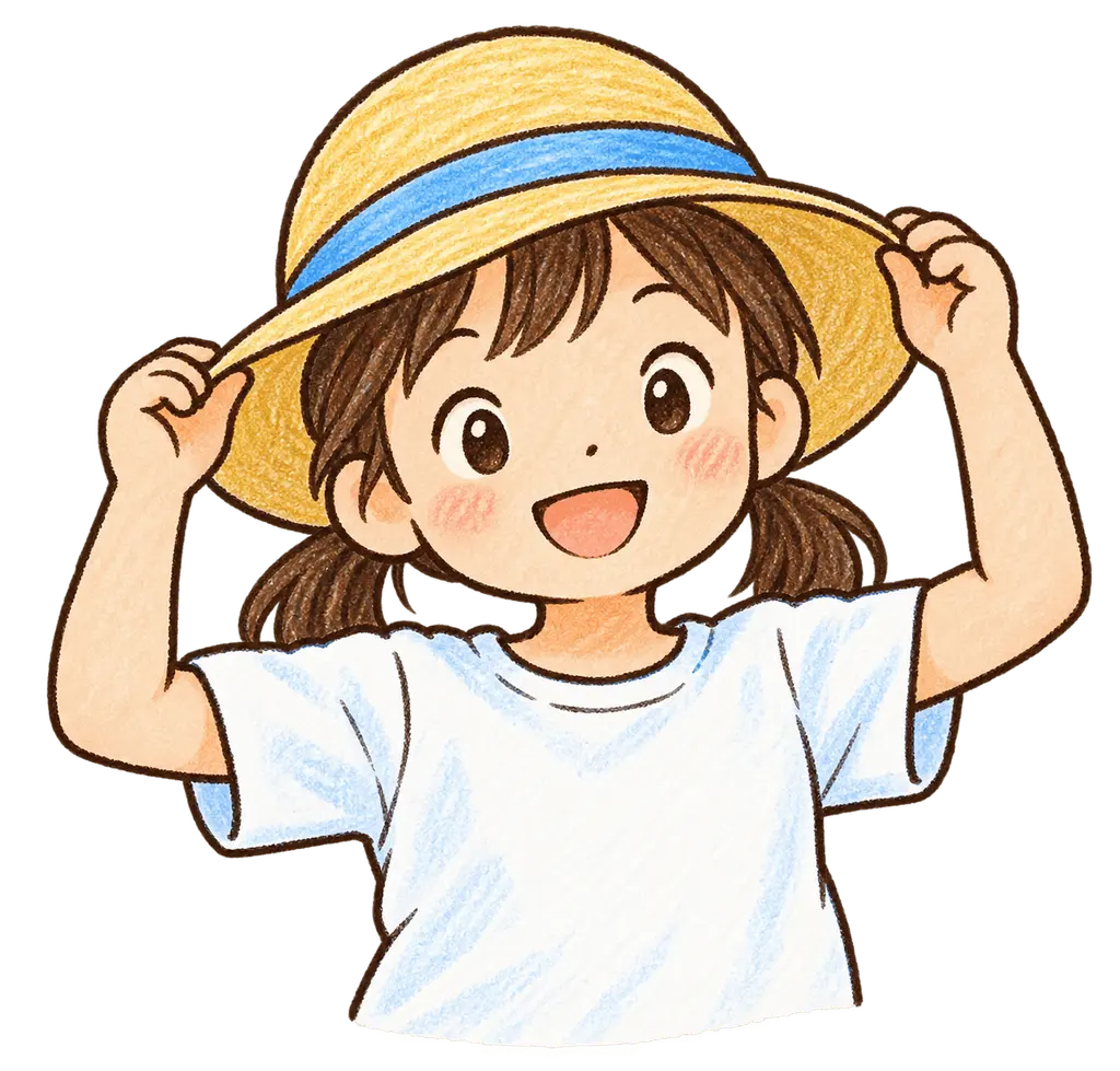 水彩の帽子をかぶる児童。学校だより向けフリー素材