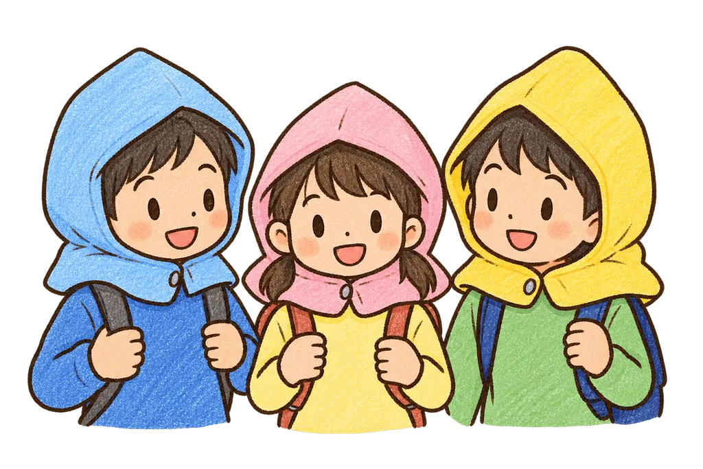 水彩の避難訓練の集合。学校だより向けフリー素材
