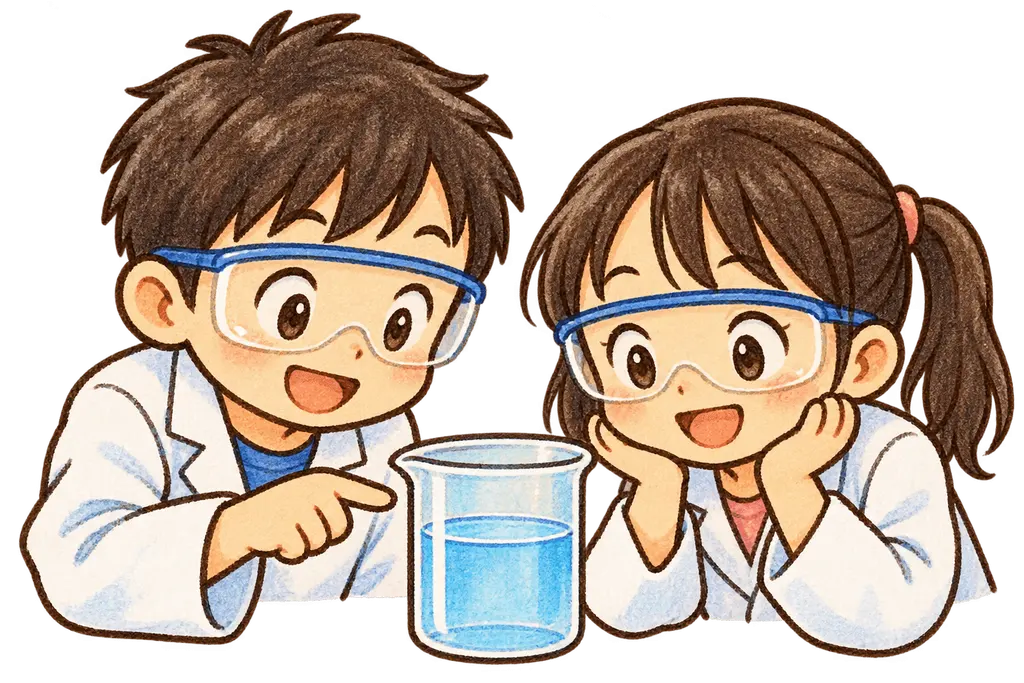 水彩のビーカー実験。学校だより向けフリー素材