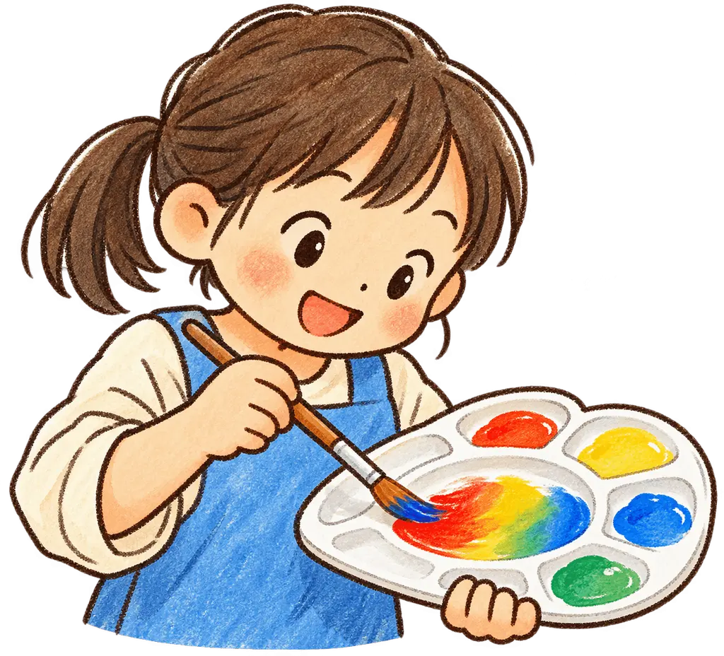 水彩の絵の具を混ぜる児童。学校だより向けフリー素材