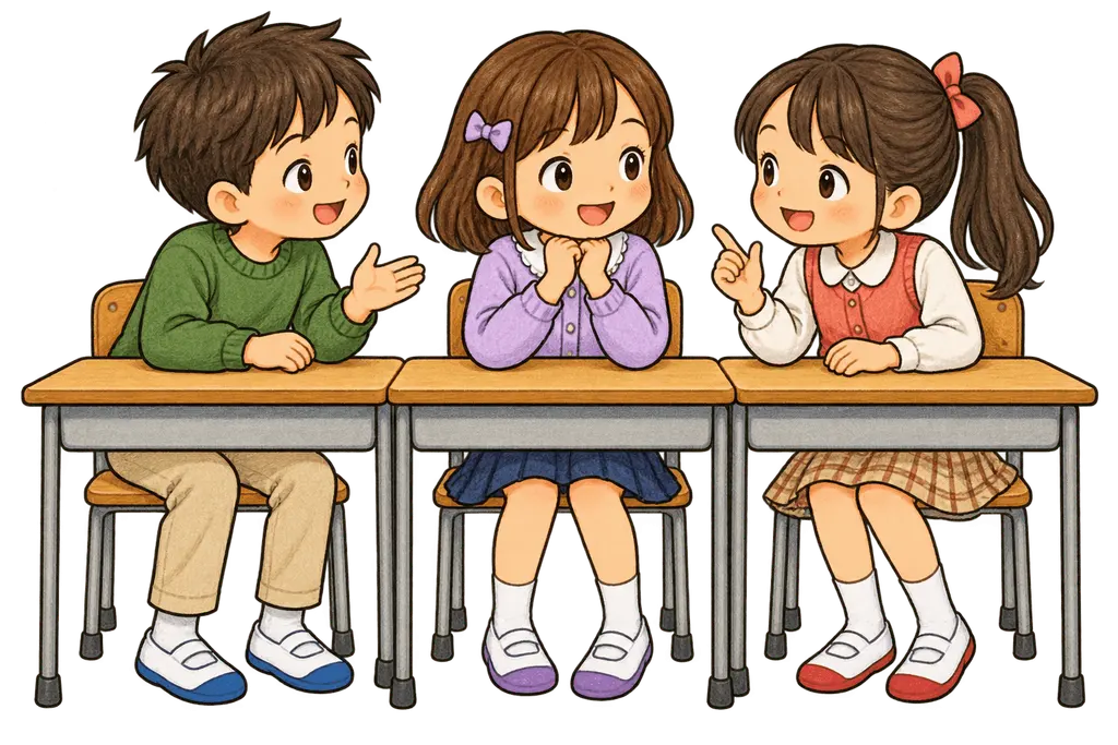 水彩の机を寄せて話す児童たち。学校だより向けフリー素材