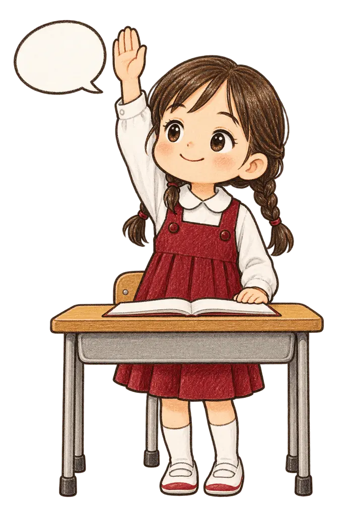 水彩の手を挙げて返事する児童。学校だより向けフリー素材