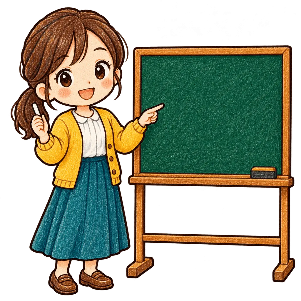 水彩の黒板を指さす先生。学校だより向けフリー素材
