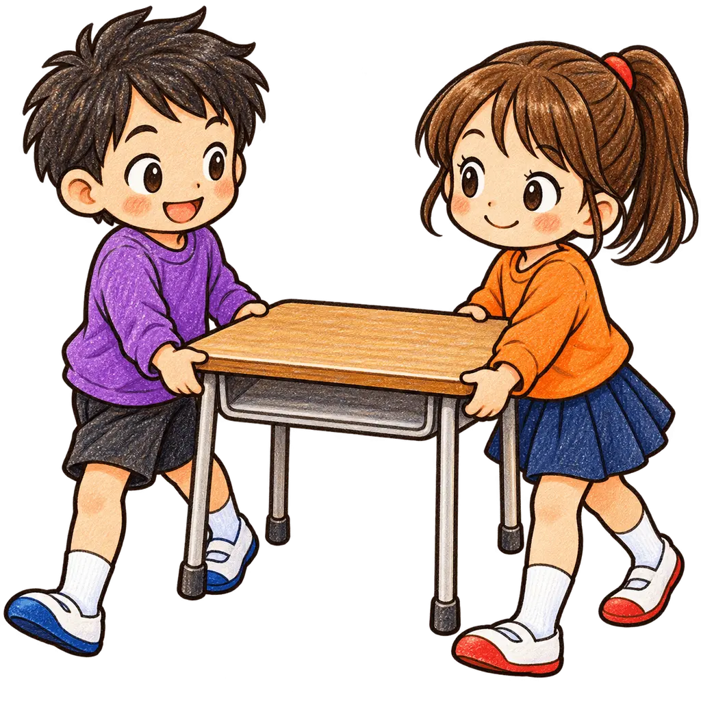 水彩の机を運ぶ児童二人。学校だより向けフリー素材