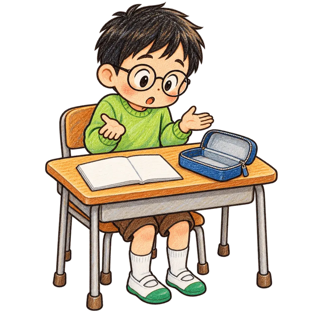 水彩の忘れ物に気づく児童。学校だより向けフリー素材