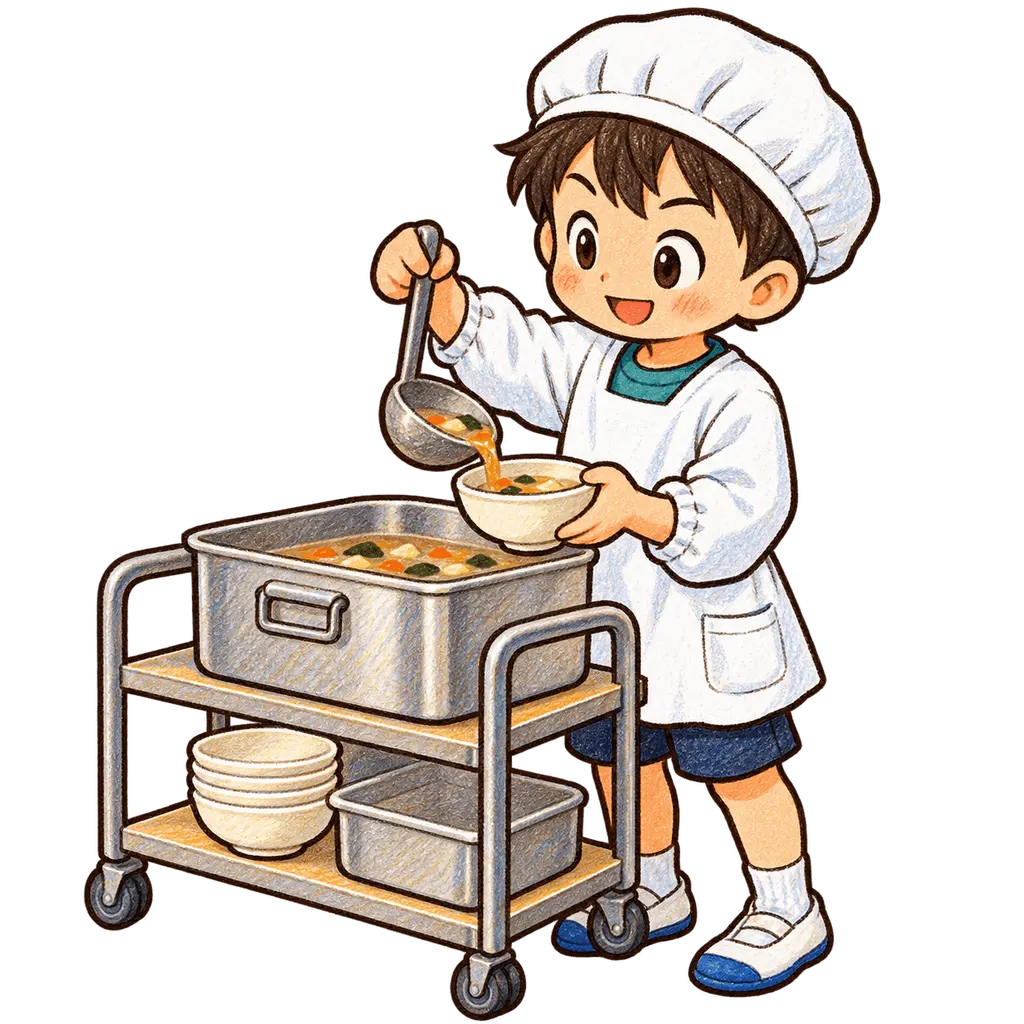 水彩の給食を配膳する児童。学校だより向けフリー素材
