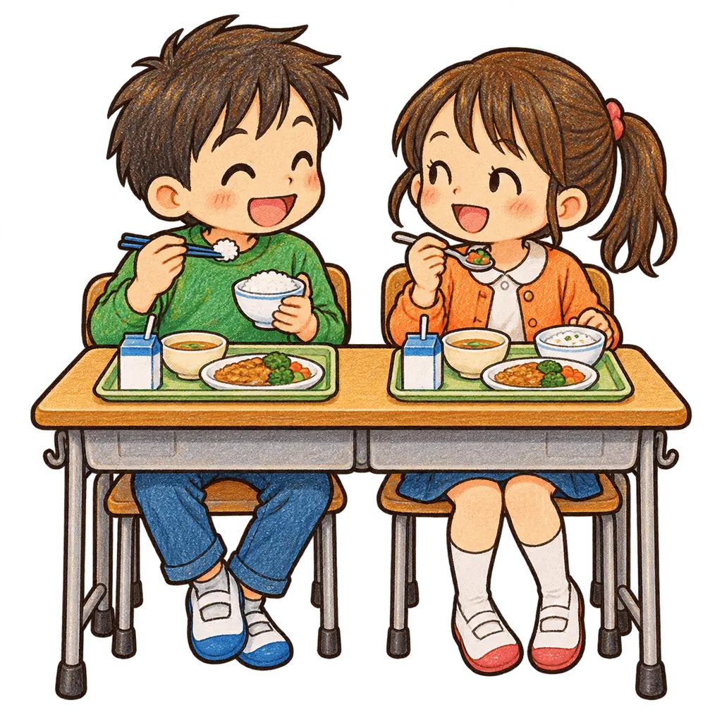 水彩の給食を食べる児童二人。学校だより向けフリー素材