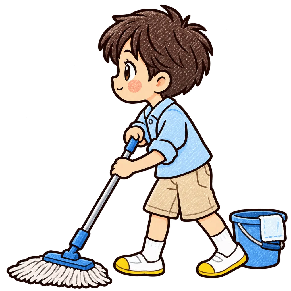 水彩のモップがけをする児童。学校だより向けフリー素材
