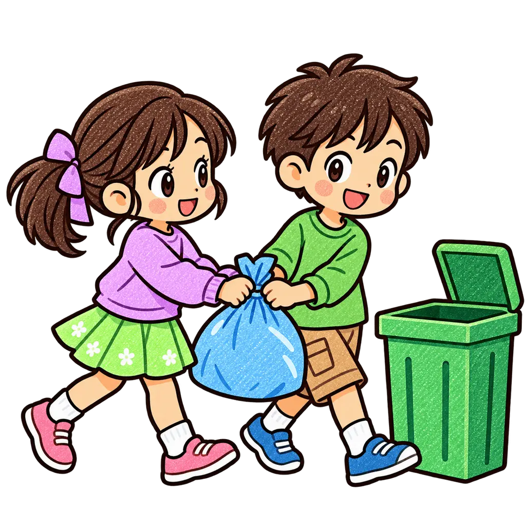 水彩のごみを運ぶ児童二人。学校だより向けフリー素材