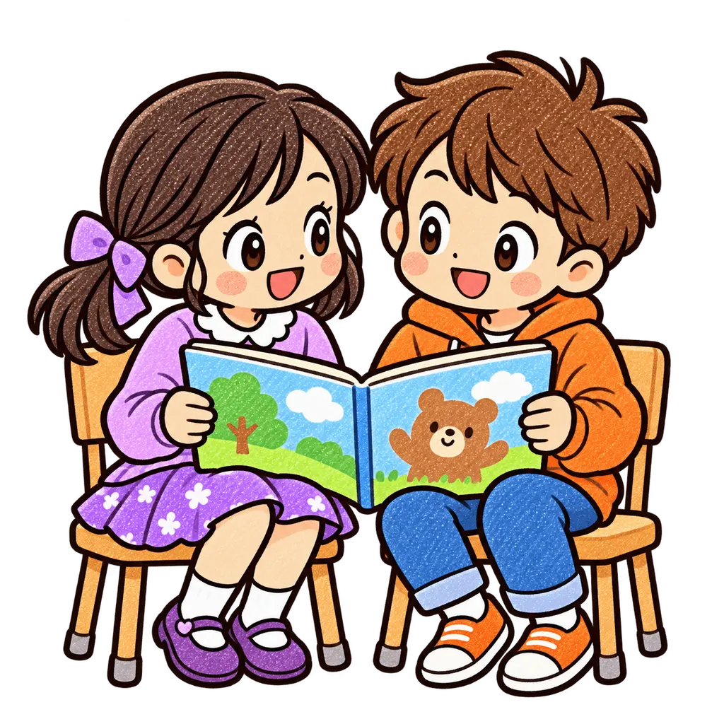 水彩の絵本を一緒に読む児童二人。学校だより向けフリー素材
