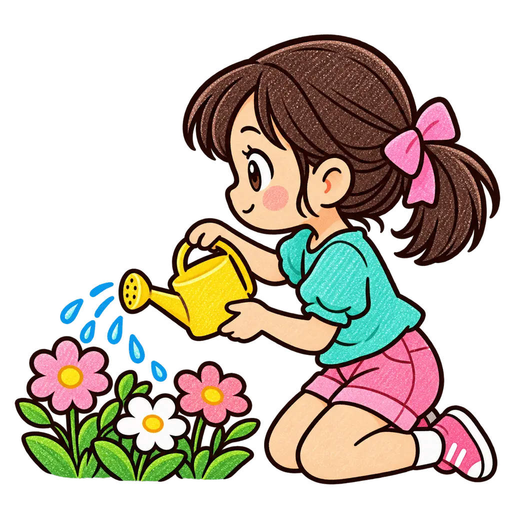 水彩の花に水やりをする児童。学校だより向けフリー素材