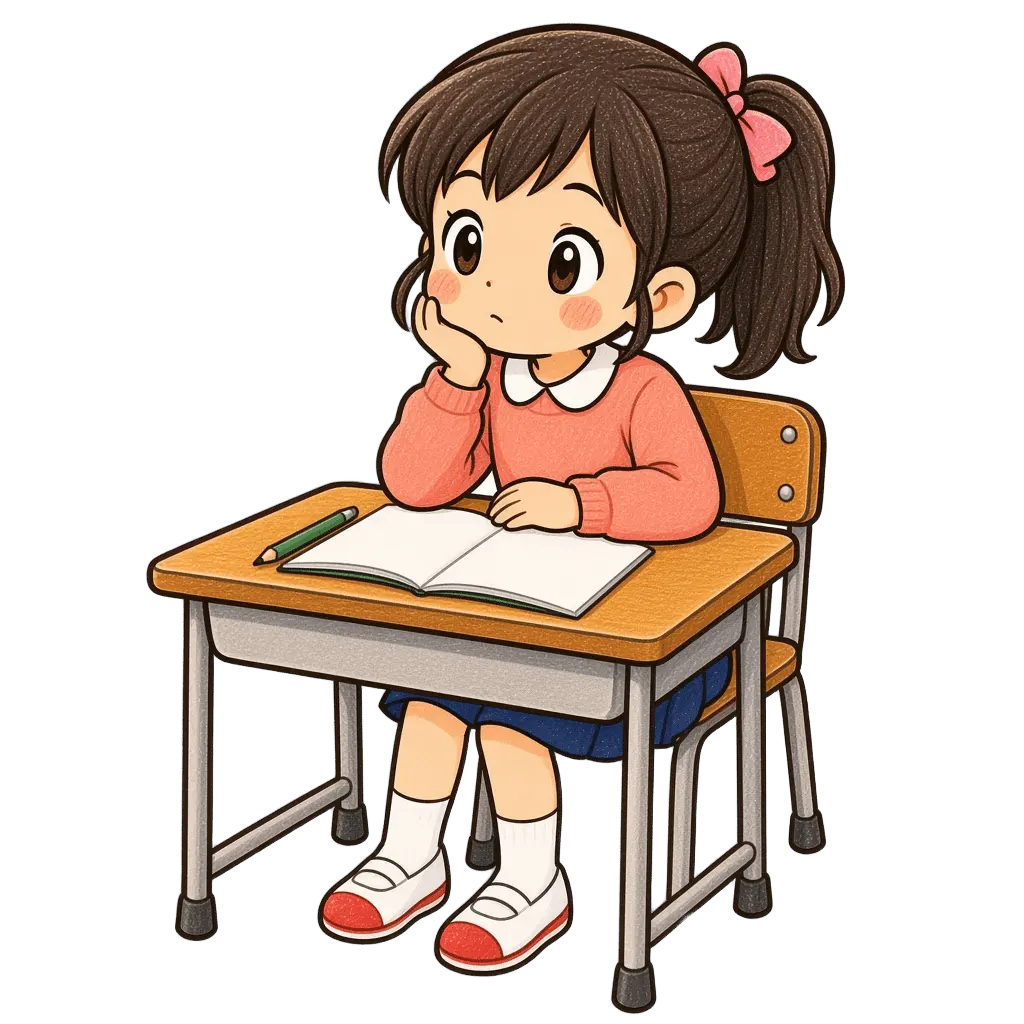 水彩の計算を考える女の子。学校だより向けフリー素材