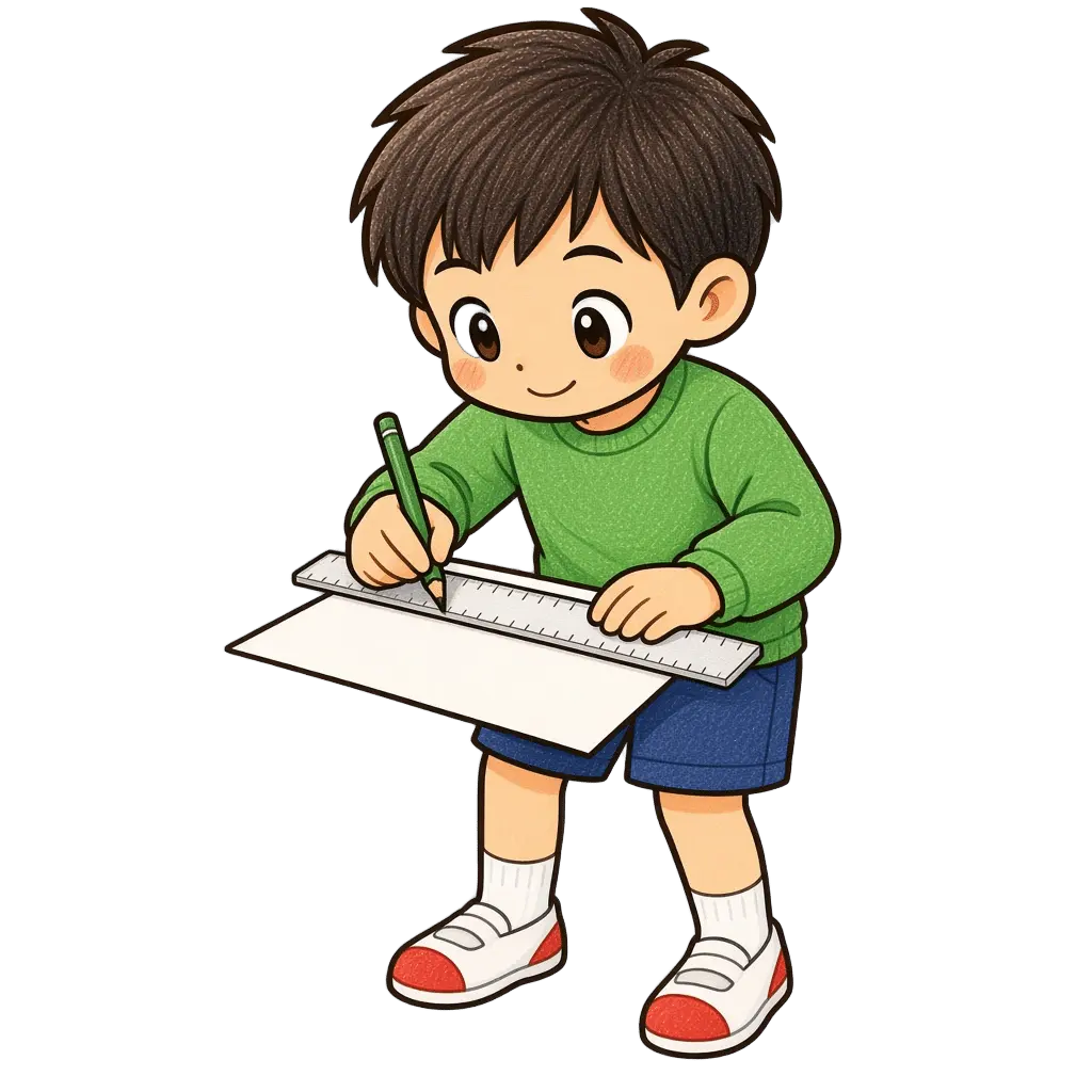 水彩のものさしで線を引く男の子。学校だより向けフリー素材