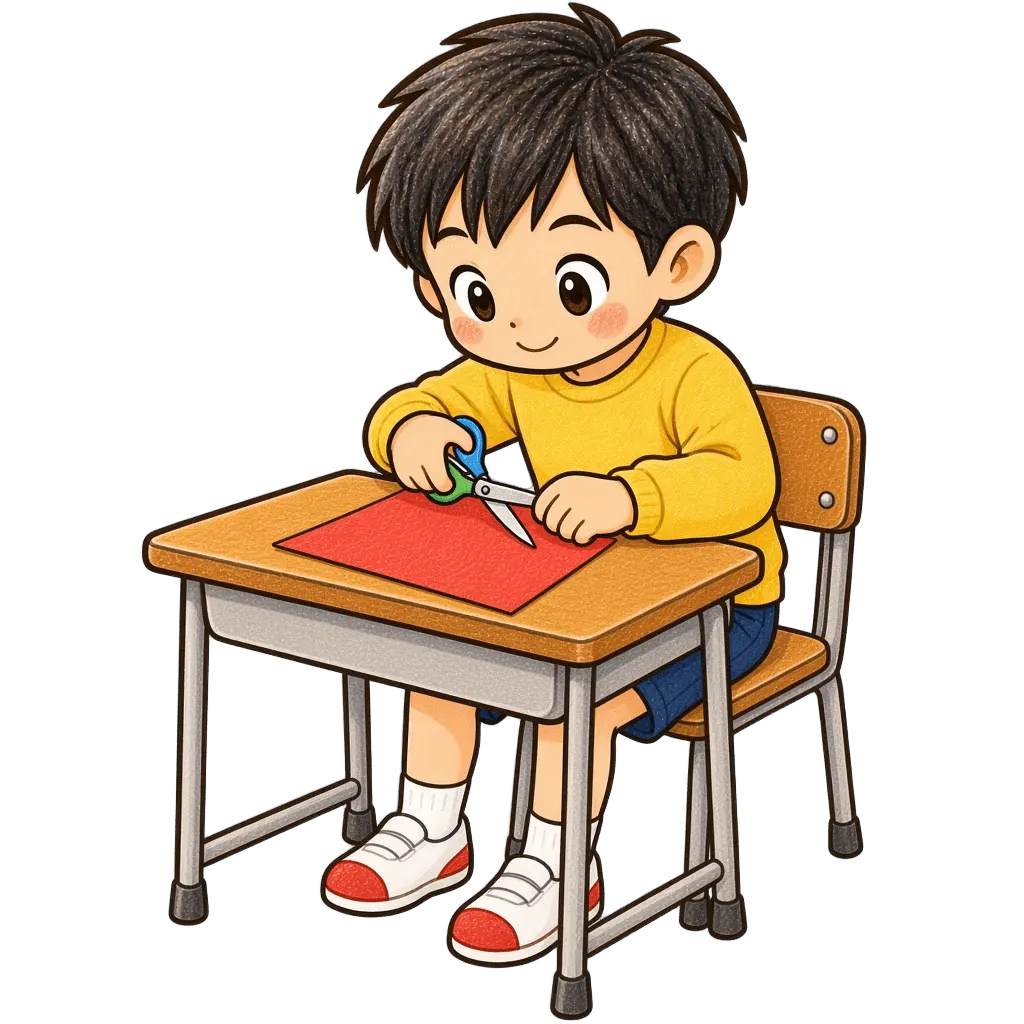 水彩のはさみで工作する男の子。学校だより向けフリー素材