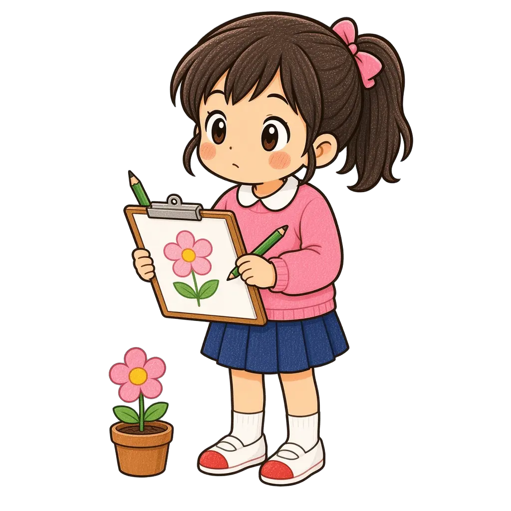 水彩の植物をスケッチする女の子。学校だより向けフリー素材