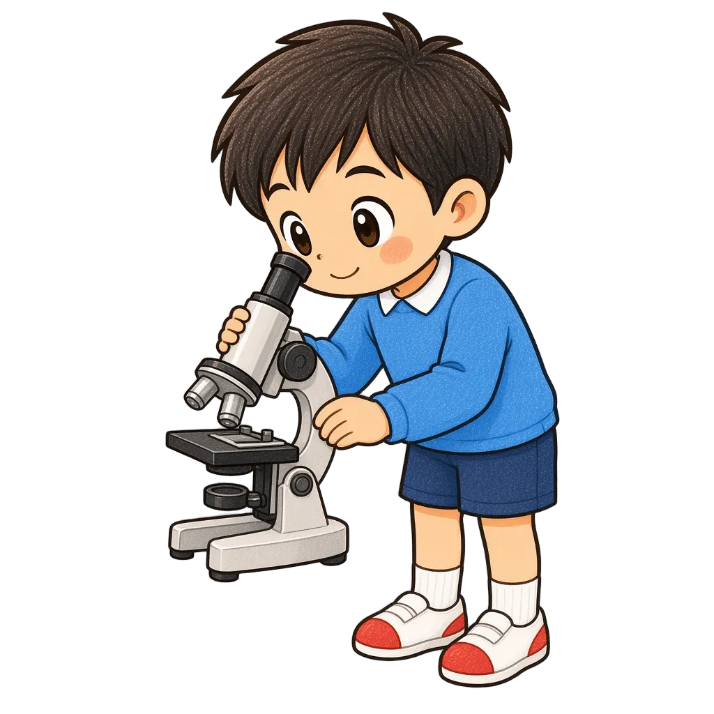 水彩の顕微鏡をのぞく男の子。学校だより向けフリー素材