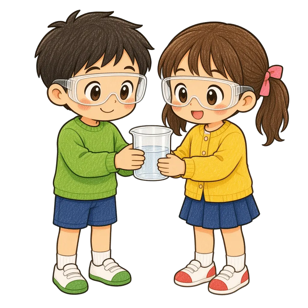 水彩の実験でビーカーを見る児童二人。学校だより向けフリー素材