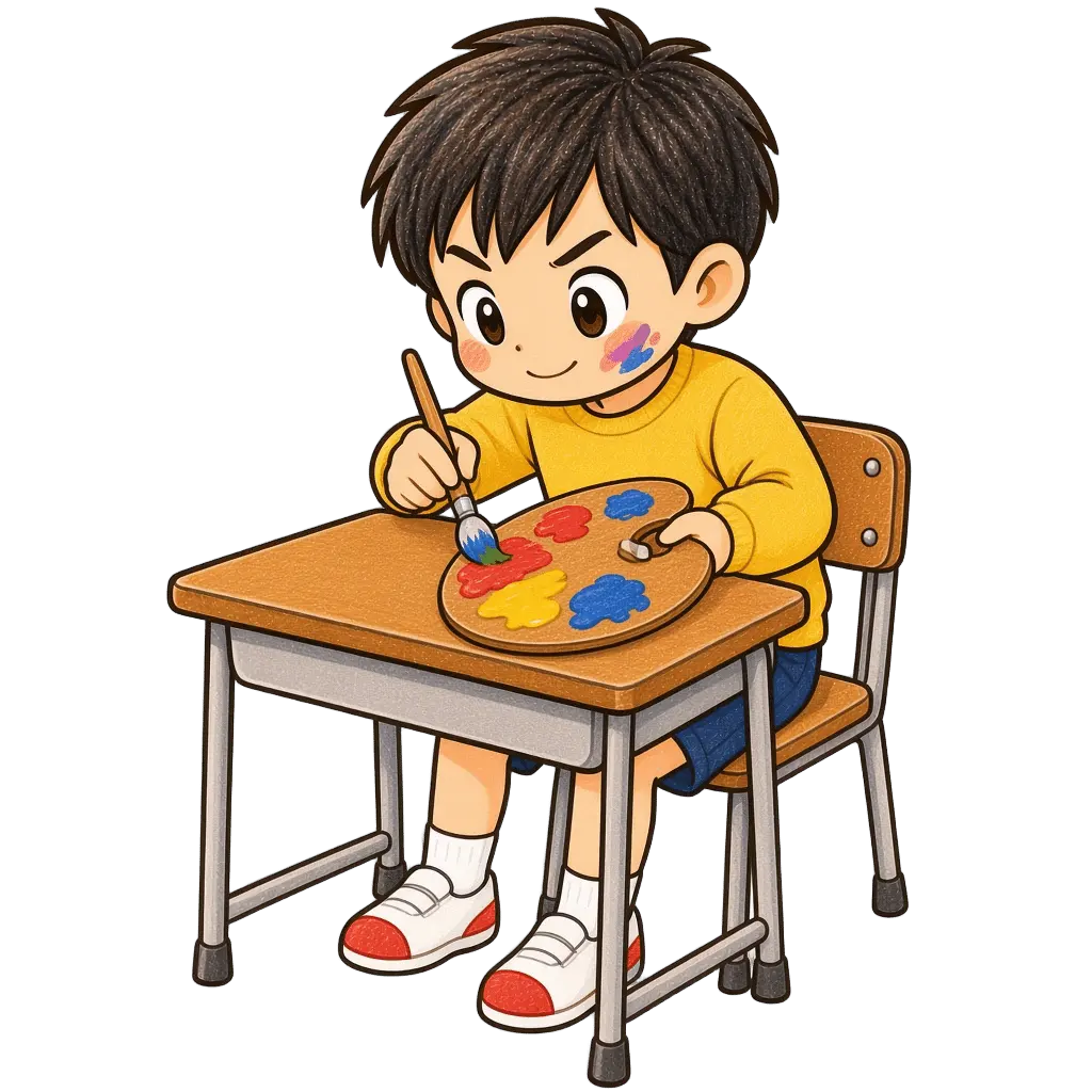 水彩の絵の具を混ぜる男の子。学校だより向けフリー素材