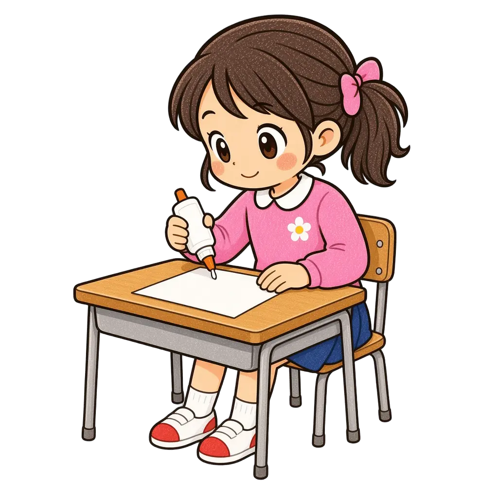 水彩ののりで貼る女の子。学校だより向けフリー素材