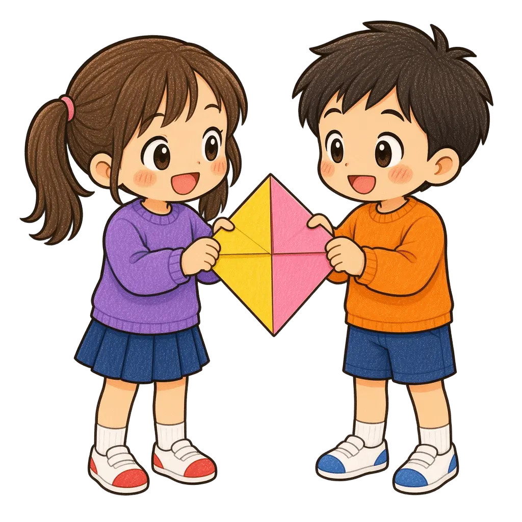 水彩の折り紙を折る児童二人。学校だより向けフリー素材