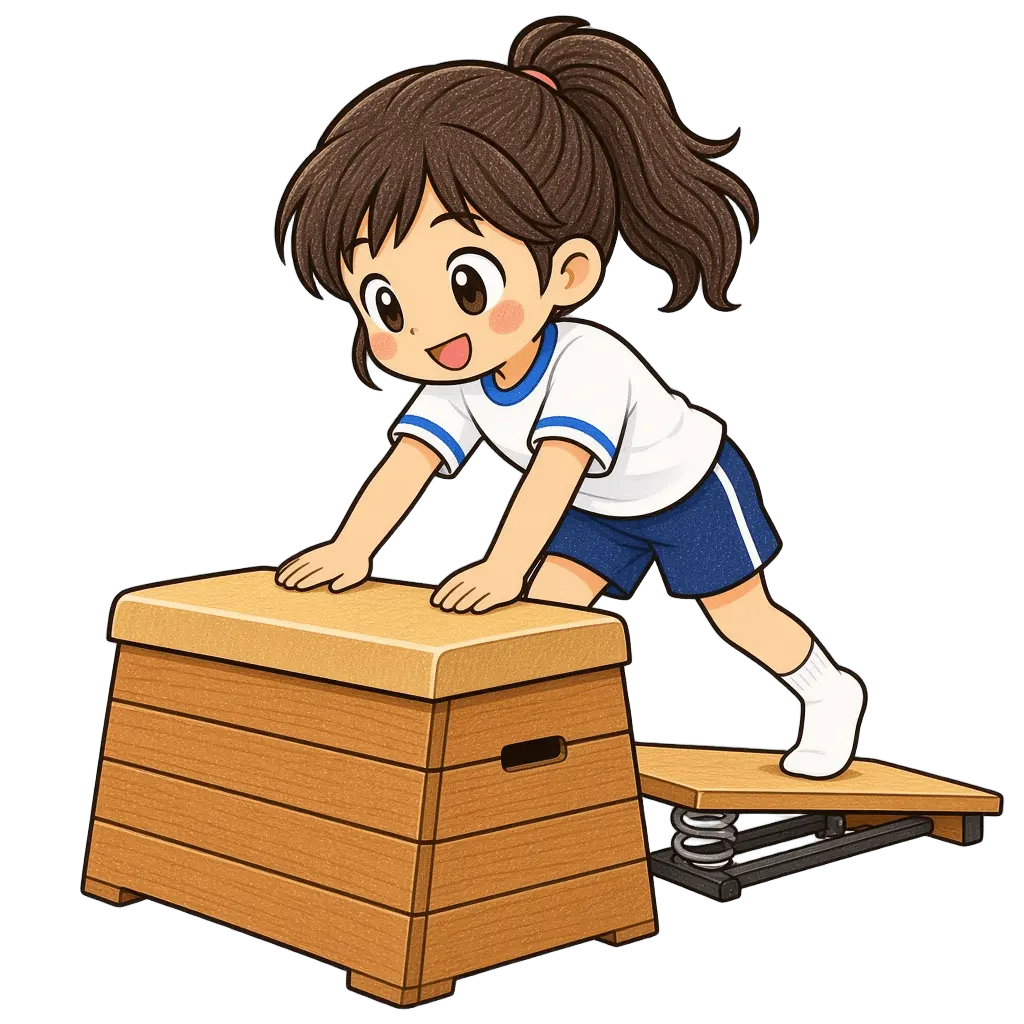 水彩の跳び箱に挑戦する女の子。学校だより向けフリー素材