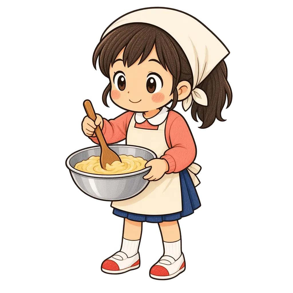 水彩の調理実習で混ぜる女の子。学校だより向けフリー素材