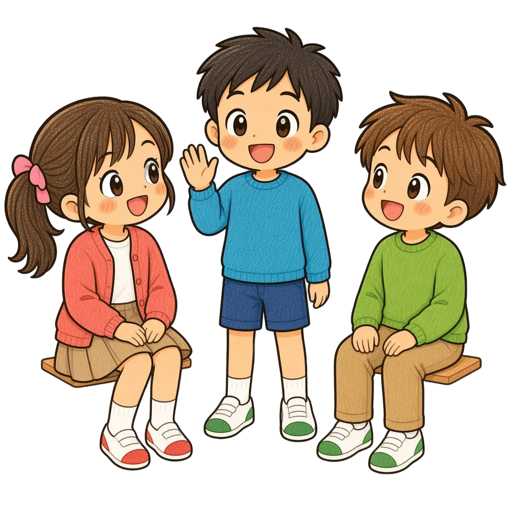 水彩の新しいクラスで自己紹介する児童。学校だより向けフリー素材