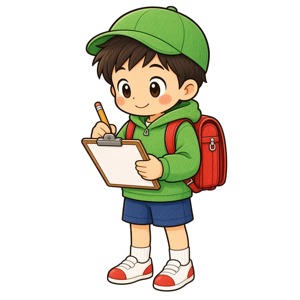 水彩の校外学習でメモを取る男の子。学校だより向けフリー素材