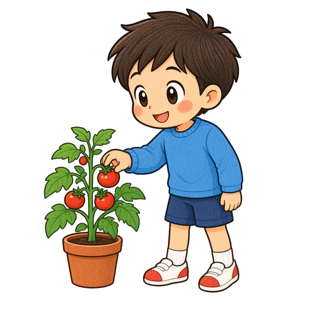 水彩の野菜を収穫する男の子。学校だより向けフリー素材
