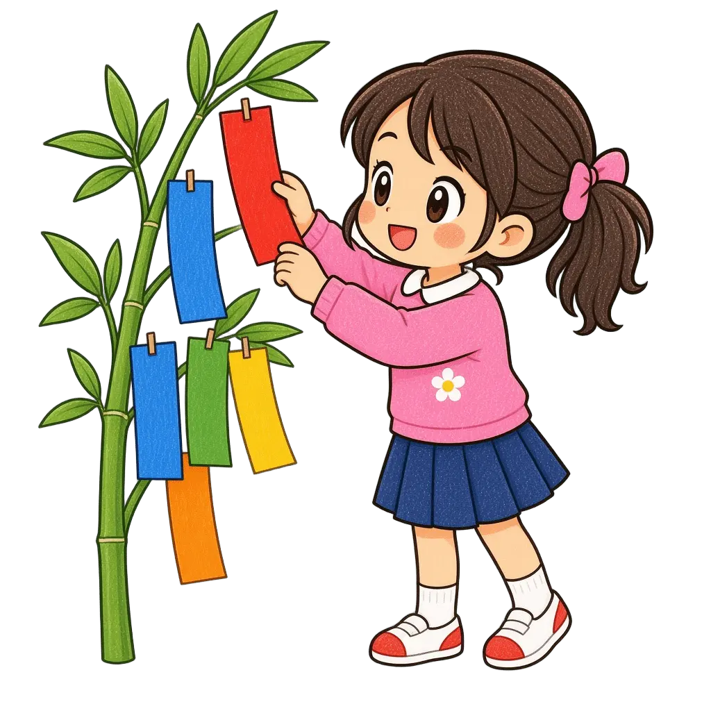 水彩の七夕の短冊を飾る女の子。学校だより向けフリー素材