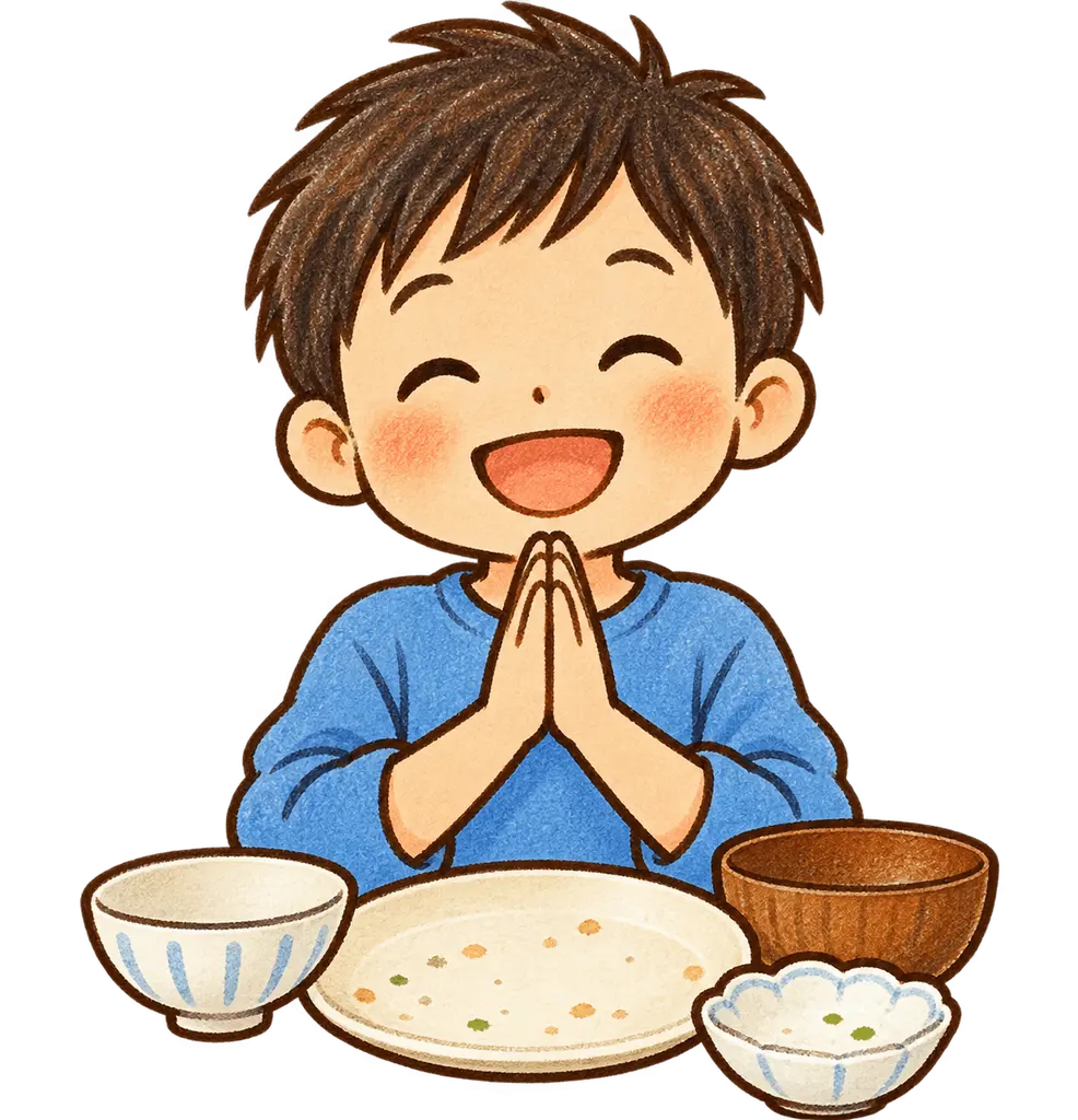 水彩のごちそうさまをする児童。学校だより向けフリー素材