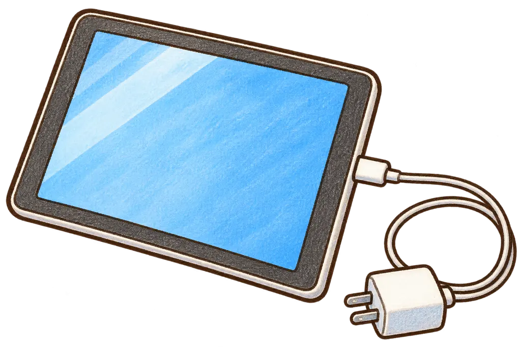 水彩のタブレット充電器。学校だより向けフリー素材