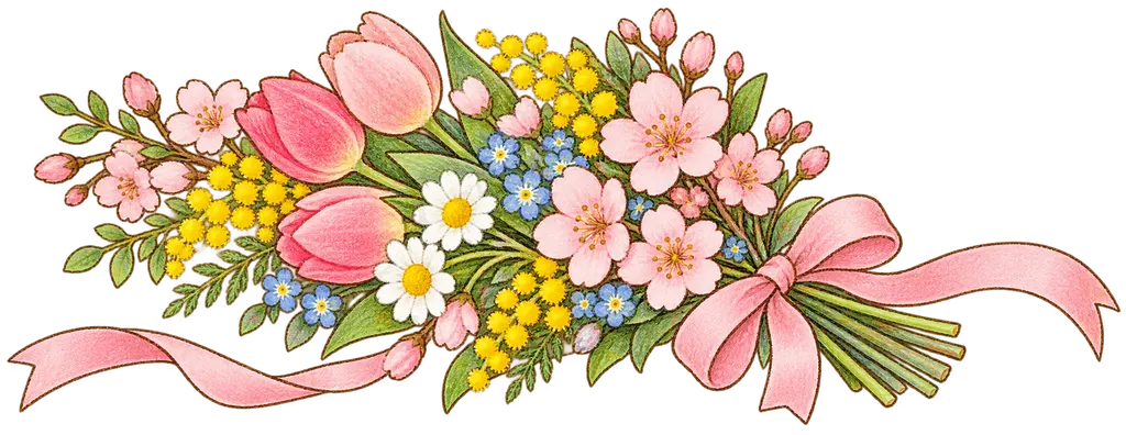 水彩の卒業の花束とリボン。学校だより向けフリー素材